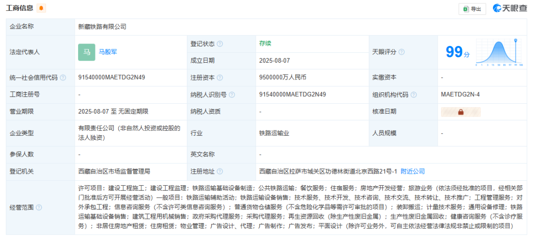 新藏鐵路公司成立，注冊(cè)資本950億元